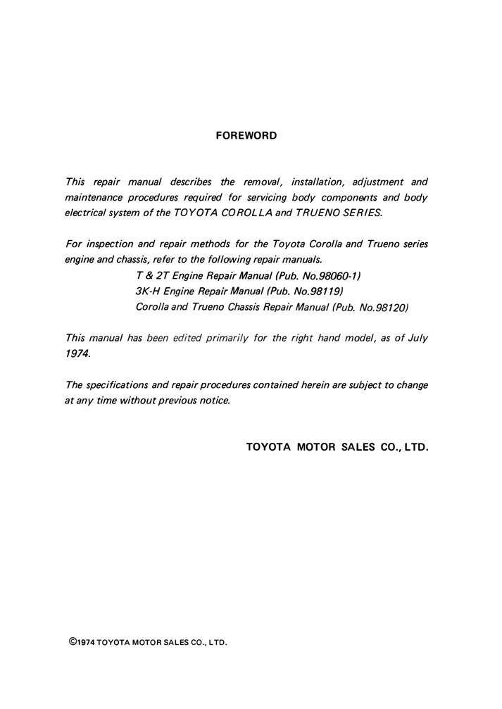 Toyota Corolla Service Manual - Body - 1974 - Page 00-01 (100dpi